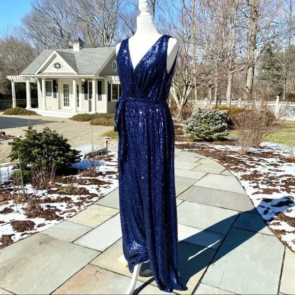 NWT BHLDN Sachin and Babi Somers Sequin Wide Leg Wedding Jumpsuit Party in Blue - Picture 14 of 17